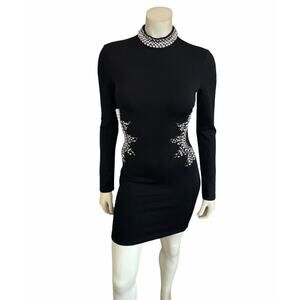 AKIRA Black Rhinestone Embellished Long Sleeve Bodycon Mini Dress SZ M